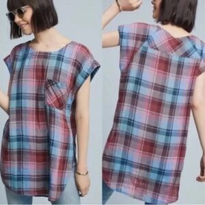 ANTHROPOLOGIE ~ AKEMI + KIN~ Women’s XS Plaid Cap Sleeve Tunic Length Blouse